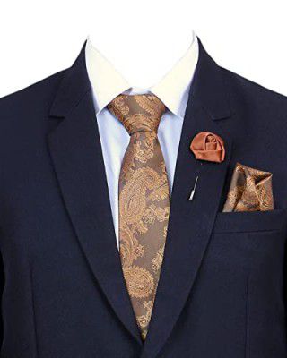 RANDOM STRIPE Mens Plaid Micro Self Silk Necktie Gift Set With Pocket Square & Brooch Pin Formal Tie (Pack of 3)