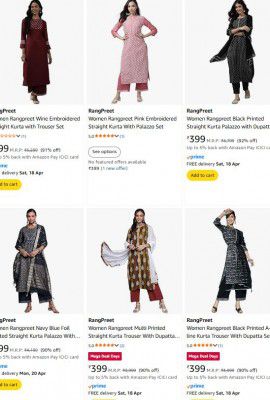 Amazon : Upto 94% OFF - Rangpreet Women's Kurtas