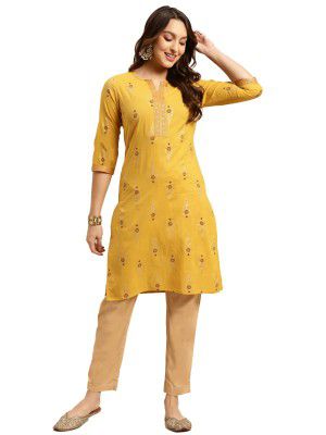 rangita Yellow Cotton Knee Length Printed Straight Kurti for Women | Kurta for Women