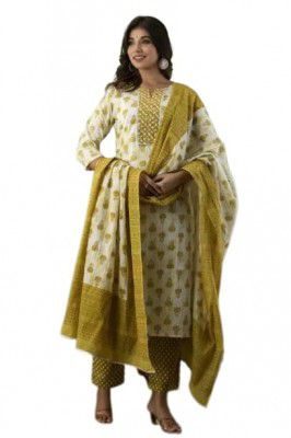 Rangnavi Women Cotton Straight Printed Kurta Pant and Dupatta Set 