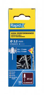 RAPID Rivets High Performance Including Drill Piece, 3.2 x 8 mm (Box of 50)