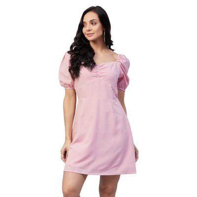 RARE Women's Crepe A-Line Mini Casual Dress (MC2260_Pink_Large)