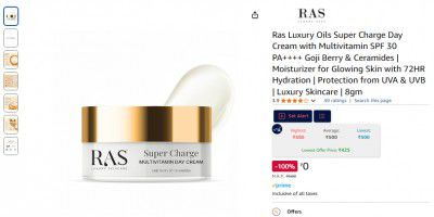 Ras Luxury Oils Super Charge Day Cream with Multivitamin SPF 30 PA++++ Goji Berry & Ceramides | Moisturizer for Glowing Skin with 72HR Hydration | Protection from UVA & UVB | Luxury Skincare | 8gm