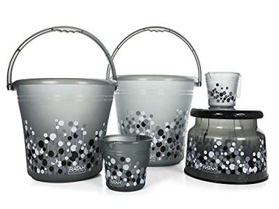 RATAN PLASTICWARE Plastic Bathroom Pack Set of 5 Combo Bucket 16L + 1 Frosty Bucket 20L + 1 Frosty Mug 1000Ml + 1 Frosty Mug 1500Ml + 1 Nova Patla Stool 107 - Bubble Print - Smoke
