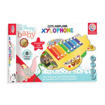 Ratna's Baby Cute Airplane Xylophone Disney Printed Pull Along Musical Toy with 8 Notes, 2 Sticks for Infants (Assorted Colours)