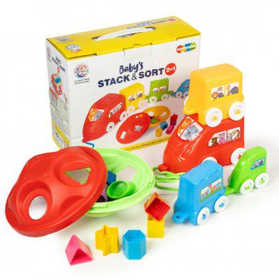 Ratna's Baby's Stack & Sort 2-in-1 Educational Toy with Train Stacker, Nesting, Stacking, Pull Along & Shape Sorting Toy for Kids 1+ Years
