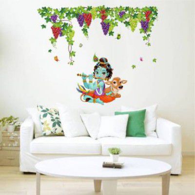 rawpockets Wall Decals Lord Krishna Playing Flute under Grapes garden Combo'Wall Stickers |PVC Vinyl | Multicolour Large Self Adhesive Sticker  (Pack of 1)