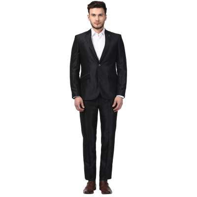 Raymond Solid Polyester Blend Black Slim Fit Peak Lapel Collar Full Sleeve Suits
