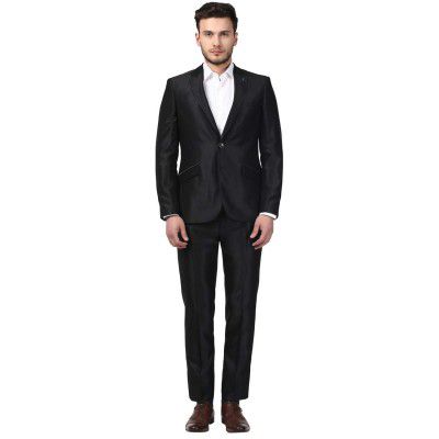 Raymond Solid Polyester Blend Black Slim Fit Peak Lapel Collar Full Sleeve Suits