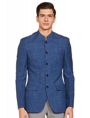 Raymond Solid Wool Blend Medium Blue Bandhgala Full Sleeve Suits