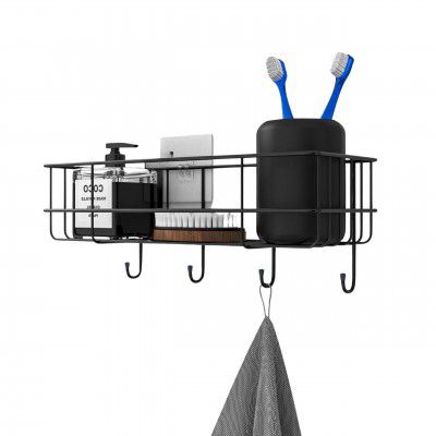 RAYMOX Pack of 2 Stainless Steel Bathroom Shelf for Wall, Self Adhesive Bathroom Organiser, 4 Hooks for Towel Holder, Space-Saving Wall Mounted Bathroom Shelf with Elegant Design