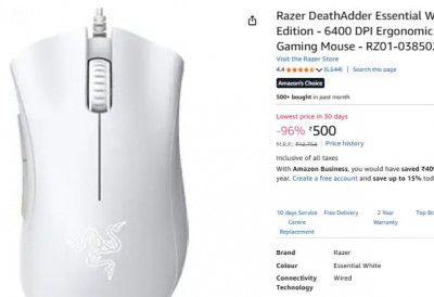 Razer DeathAdder Essential White Edition - 6400 DPI Ergonomic Wired Gaming Mouse - RZ01-03850200-R3M1