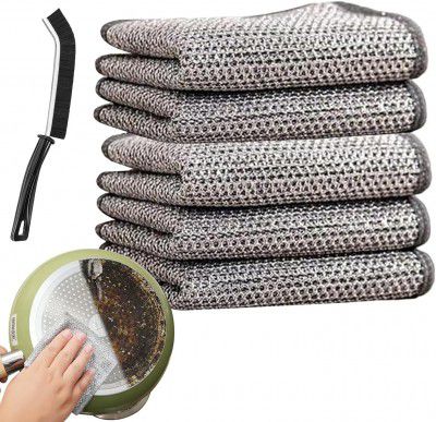 RECLUSE 4 Pack Non-Scratch Wire Cleaning Dishcloth & 1 Mini Gap Cleaning Brush