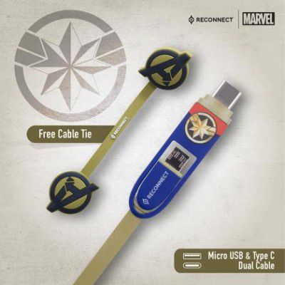 Reconnect Marvel Captain Marvel Dual Cable, Micro USB & Type C, Charge & Sync, Premium Flat cable design, 1m long - DCB301 CM
