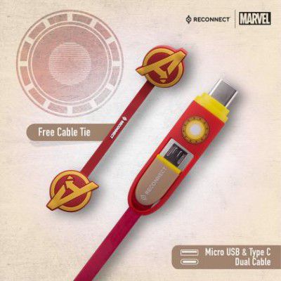 Reconnect Marvel Iron Man Power Cords Dual Cable Micro USB & Type C charge & sync Flat cable design 2.4A Output Safety efficient4 core cable DCB301 IM