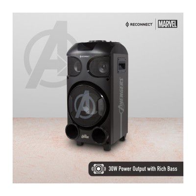 Reconnect Marvel Avengers 30W Wireless Party Speaker, In built battery for portability, DJ lights super bass & remote control, 4hrs playtime and guitar input, wireless mic for karaoke, comes with trol
