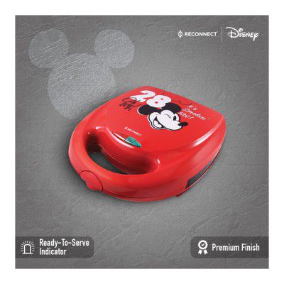 Reconnect Mickey Sandwich Maker with Theme Impression, Non-Stick Plates, Cool Coating for Burn-Free Touch, Heat-up Light Indicator, Lid Lock, Compact Vertical Storage, 2 Years Warranty