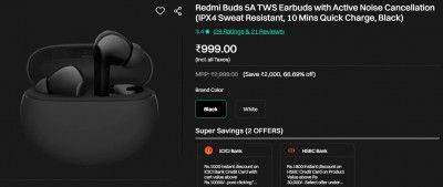 Redmi Buds 5A TWS Earbuds with Active Noise Cancellation (IPX4 Sweat Resistant, 10 Mins Quick Charge, Black)