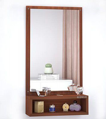 Redwud Bunny Engineered Wood Matte Finish Dressing Wall Mirror with Shelf | Full-Length Unframed Mirror (Walnut)