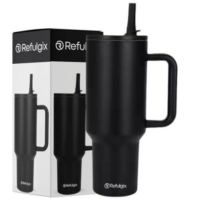 REFULGIX 1200ML Stainless Steel Tumbler – Hot & Cold Insulated Travel Mug with Handle, 1 Straws, and Leak-Proof Lid (Black)