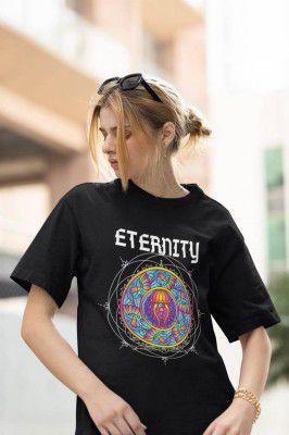 Reifica  Women Printed Round Neck Pure Cotton Black T-Shirt