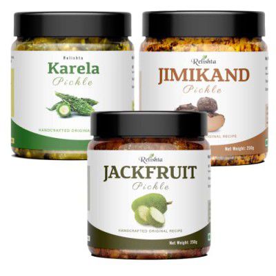 Relishta Jackfruit Karela & Jimikand Pickle Kathal ka Achar Bitter Gourd Pickle Jimikand/OAL/Elephant Foot Pickle Combo (3x250G)