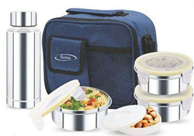 Rema - Stainless Steel Lunch Box Set with 3 Steel Containers + 1 Steel Bottle + 1 Plastic Container + Bag, Stylish Lunch Box for Office for Women Men Tiffin Box Set with Bag (Made in India)