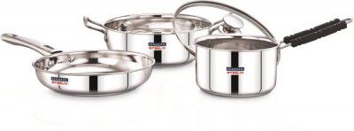 Renberg by 8904389600009 Steelix Plus including Kadai with Glass Lid, Fry Pan and Saucepan Induction Bottom Cookware Set (Stainless Steel, 4 - Piece)