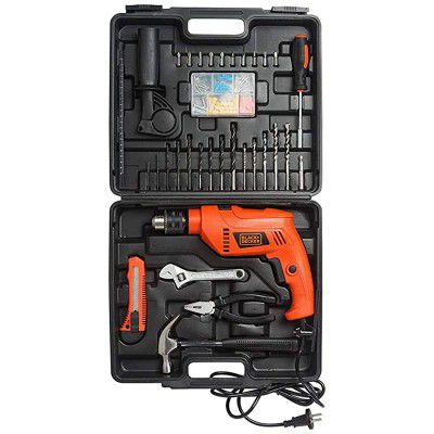 (Renewed) BLACK+DECKER HD555KMPR-B1 13mm 550Watt Hammer Drill and Hand Tools Kit for Home,DIY and Professional use -100 pc
