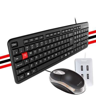 (Renewed) Quantum Wired USB Combo with Keyboard, Mouse and 4 Port USB-Hub (QHM7403,QHM222,QHM6633)