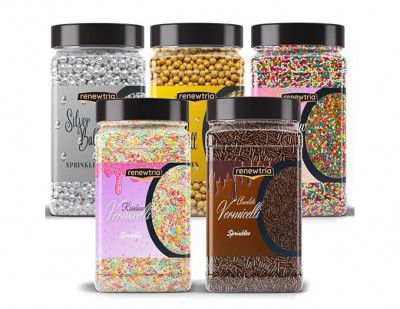 RENEWTRIA Premium Decorative Silver and Golden Balls for Cake Decor, Sparkling Effect, Candy Sprinkles Mix for Cake Decoration, Cookie, Ice Cream Toppings 400g (80g each, Pack of 5)