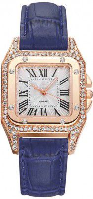 ReniSales  New Unique Design Diamond Studded Rose Gold Blue Leather Strap Watch For Women Analog Watch - For Girls