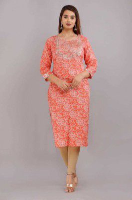 Rexhood  Women Embroidered Cotton Rayon A-line Kurta  (Orange)