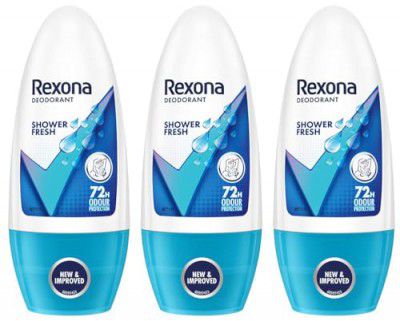 Rexona Shower Fresh Underarm Roll On Deodorant For Women, Antiperspirant, Removes Odour, Keeps Skin Fresh & Clean, Alcohol Free, Skin Friendly, 50 Ml (Pack of 3)