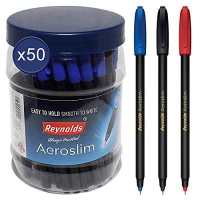 Reynolds Aeroslim 50 Ct Pack - Asst | Ball Point Pen Set With Comfortable Grip | Pens For Writing | 0.7Mm Tip Size, Blue, Multi