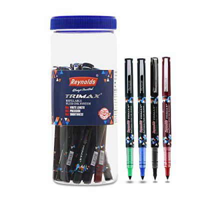 Reynolds TRIMAX 15 COUNT JAR, 9 BLUE, 2 BLACK, 2 RED & 2 GREEN - Lightweight Roller Pen With Comfortable Grip for Extra Smooth Writing I School and Office Stationery | 0.5mm Tip Size