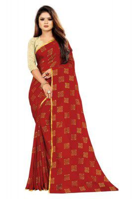 Rhey Women's Pure Chiffon Banarasi Weaving Printed Saree - Gold Zari Border with Jaquard Blouse Piece.