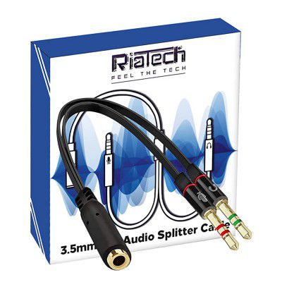RiaTech Gold Plated 2 male to 1 female 3.5mm Headphone Earphone Mic Audio Y Splitter Cable 