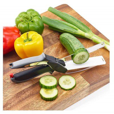 Rich Kitch_ 2-in-1 18/10 Steel Smart Clever Cutter Kitchen Knife Food Chopper and in Built Mini Chopping Board with Locking Hinge; with Spring Action; Stainless Steel Blade