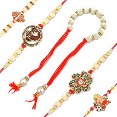 Riddhika Ventures Multicolour Fabric Set of Family Rakhi with Roli, Tilak and Chawal for Men