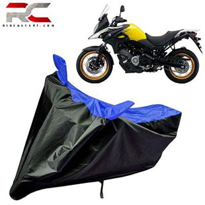 Riderscart 100% Waterproof, Dustproof & UV Protection Bike Cover with Mirror Pocket and Storage Bag Body Covers for Suzuki V-Storm 650 - Black & Blue