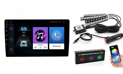 Riderscart Combo for Cars, 9 Inch(22cm) Car Android 10, 2GB/32GB Touch Screen Quad Core Proceessor 1080P HD Screen+Lights ,12x4 Car Ambient/Atmoshphere LED Strip Light, 48 LED DC 12V Multicolour Inter