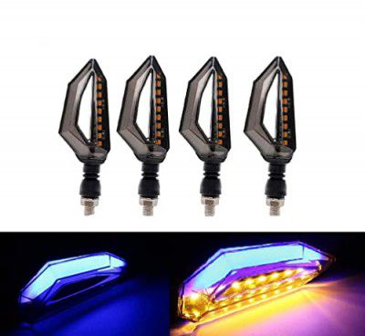 RIDERSCART LED Bike Side Indicators 4 PC Universal Motorcycle 18 LED Amber Turn Signal Red DRL Indicator Lights Lamp for Bajaj Pulsar 150 (Set of 4, Blue & Orange)