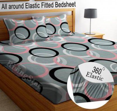 RisingStar 250 TC Microfiber King Printed Fitted (Elastic) Bedsheet  (Pack of 1, FITTED-ROUND-CIRCLES-PREMIUM)