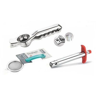 Ritu Stainless Steel Lemon Squeezer with Bottle Opener,Tea Strainer and Gas Lighter Combo Pack for Kitchen Tools, Multicolor, medium (J-415)