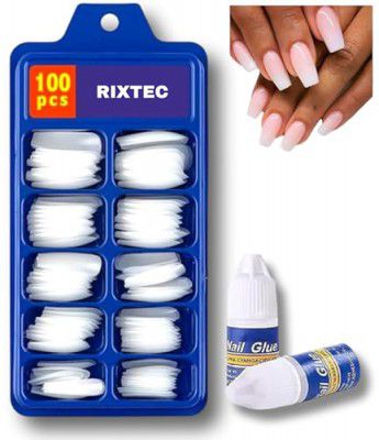 RIXTEC Professional 100-Piece Artificial Nails Set - 100 White nail with 1 Nail Glue Combo - Nail Salon Quality