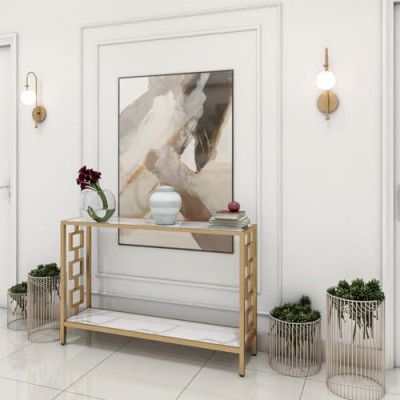 RIZIK STORE™ Iron Metal with Engineered Wooden top Console Table (White Gold)