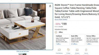 RIZIK Stores™ Iron Frame Handmade Drawer Square Coffee Table/Nesting Table/Side Table/Center Table with Engineered Wood Top for Living Room/Drawing Room/Balcony (White Gold, 12"x12")