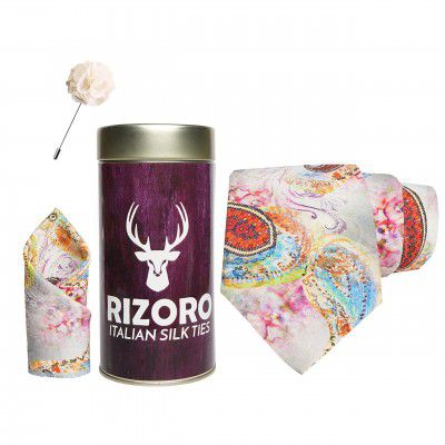 RIZORO Mens Plaid Boho Printed Silk Necktie Gift Set With Pocket Square & Brooch Pin Formal Tie Combo (Multi-Coloured 3, BOHOM3RT, Free Size)