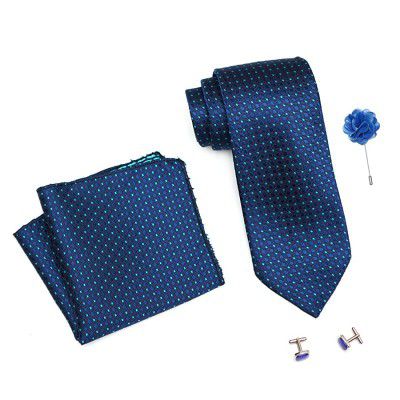 Rizoro Mens Plaid Dotted Silk Necktie Gift Set With Pocket Square Cufflinks & Brooch Pin Formal Tie With Leatherite Box (A13RX)